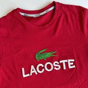 Rare Lacoste Red Embroidered‎ Big Logo Alligator Crewneck Tshirt Mens Size Small